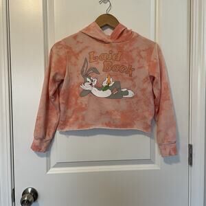 Looney Tunes Girls Tye Dye Shimmer Glitter Pullover Cropped Hoodie Bugs Bunny Lg